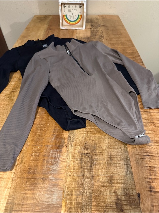 OQQ Tops - Women’s  Long-Sleeve Ribbed Half-Zip Bodysuit - Black and Khaki 2 in set.